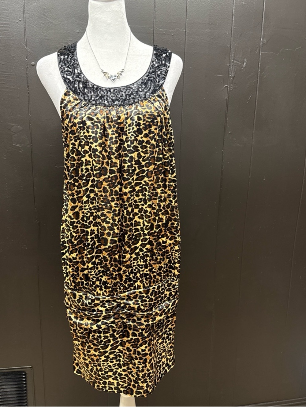 City Triangles Leopard Print Midi Dress with Black Sequin Neckline